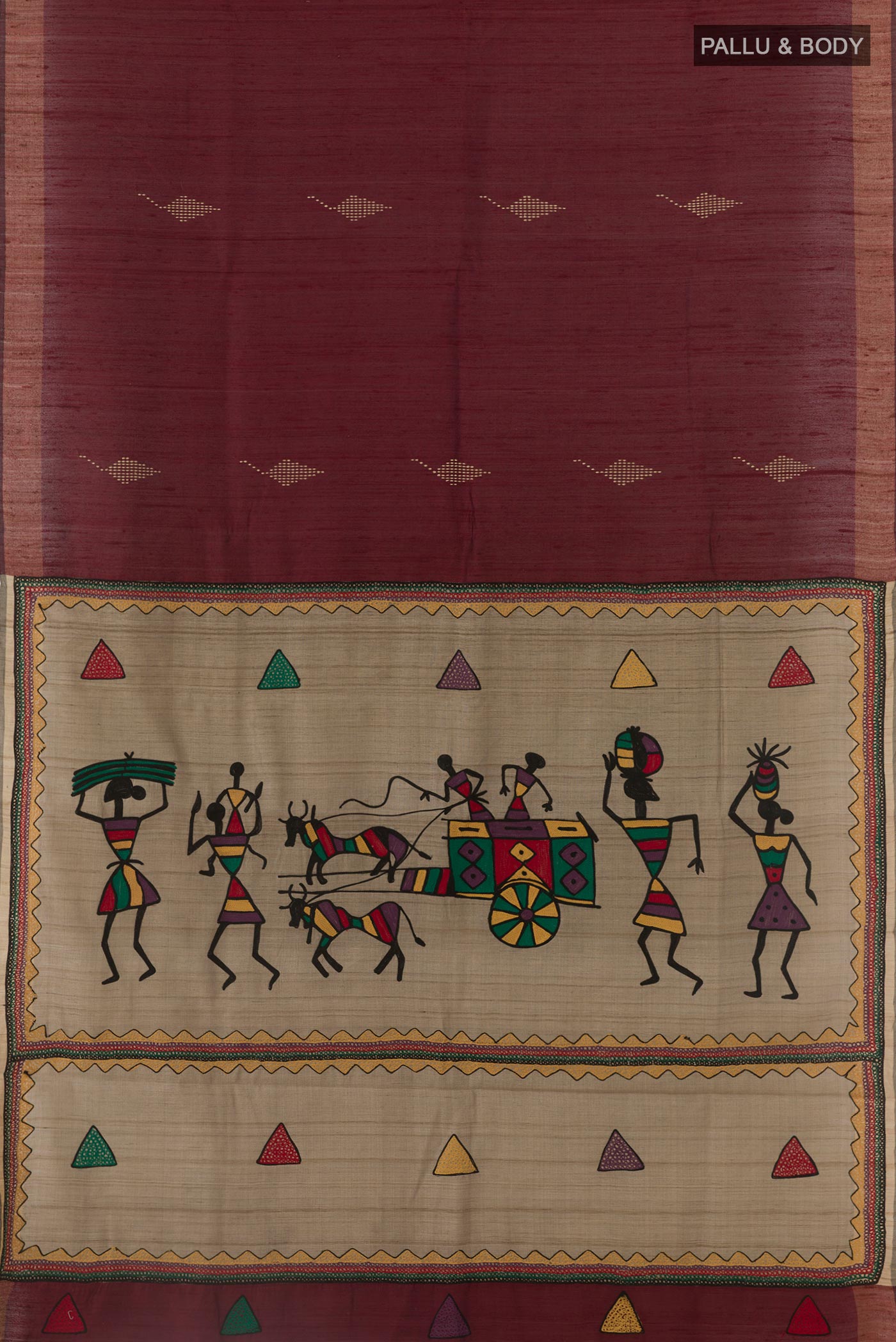 Flat view of Brown Tussar Silk Saree with Thread Butta on the body and Zari Border. 