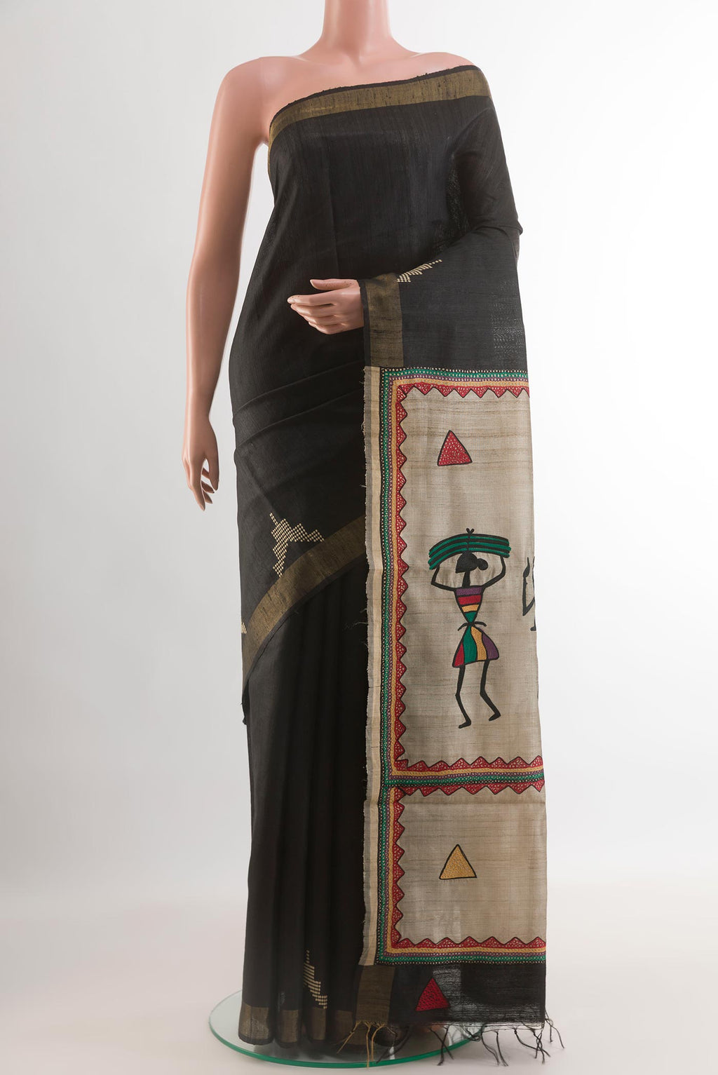 Black Tussar Silk Saree with Thread Butta on the body and Zari Border.  displayed on a mannequin