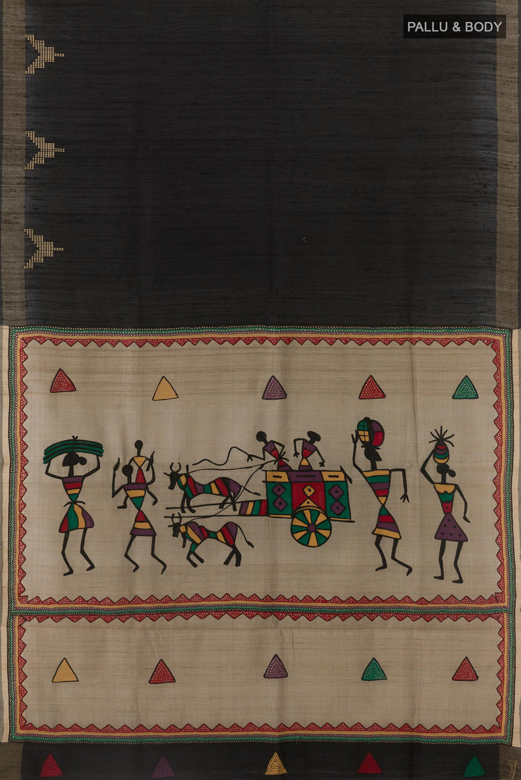 Flat view of Black Tussar Silk Saree with Thread Butta on the body and Zari Border. 