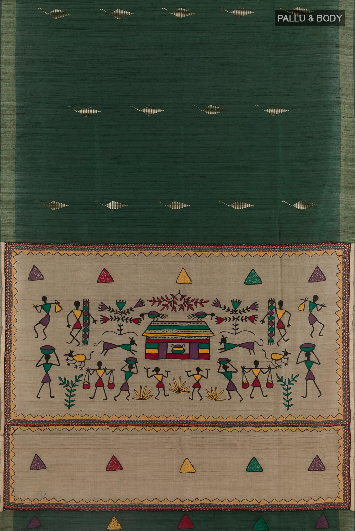 Flat view of Bottle Green Tussar Silk Saree with Thread Butta on the body and Zari Border. 