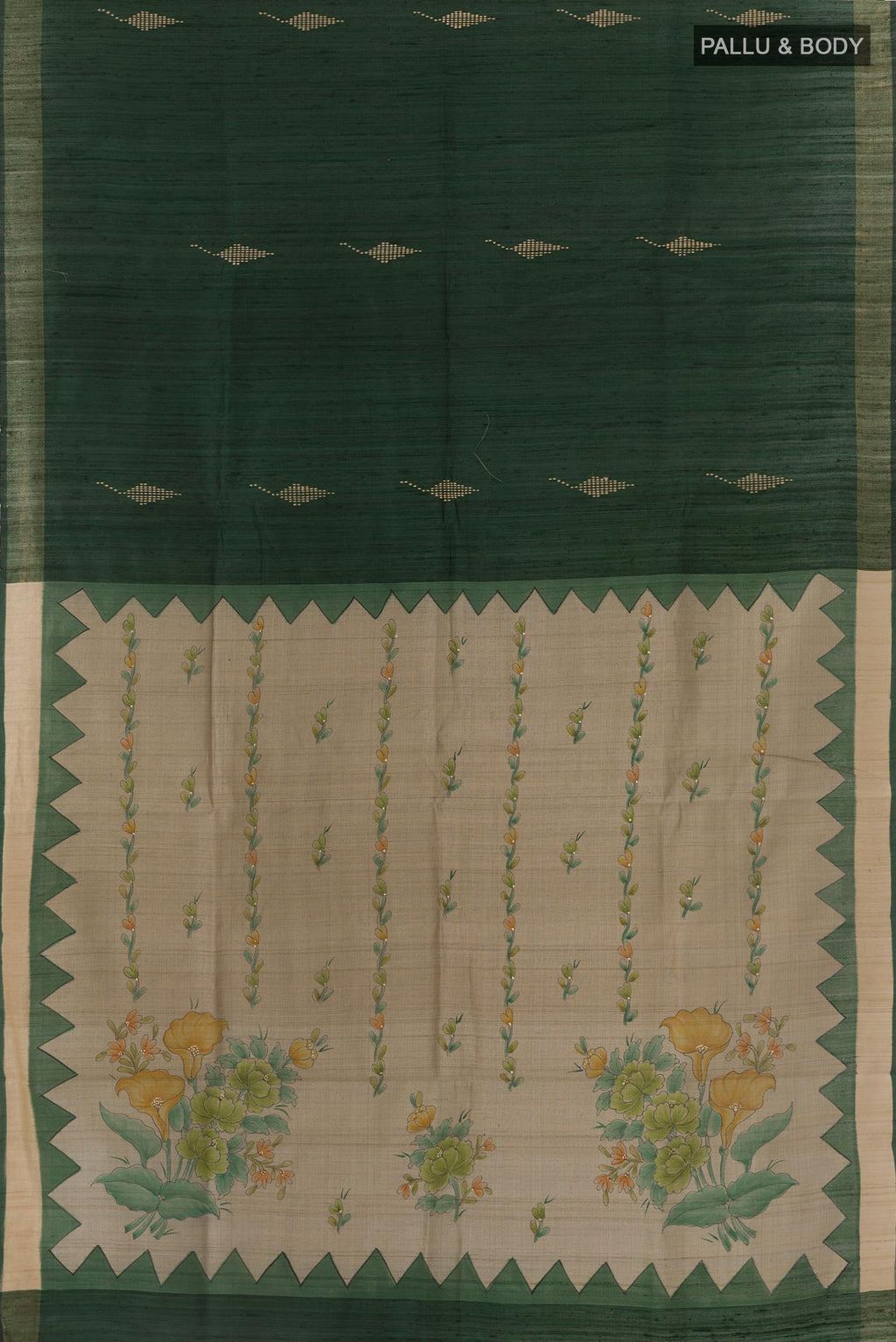 Flat view of Bottle Green Tussar Silk Saree with Thread Butta on the body and Zari Border. 