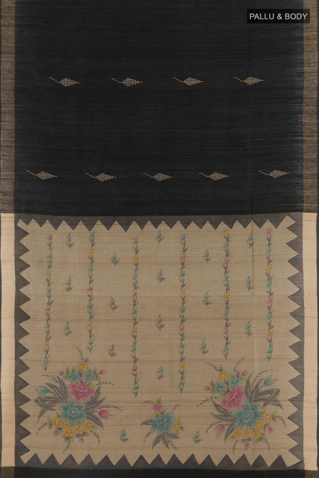 Flat view of Black Tussar Silk Saree with Thread Butta on the body and Zari Border. 