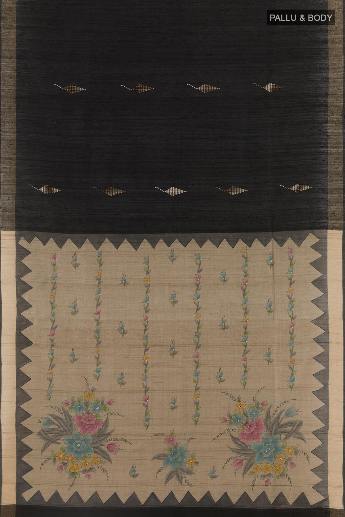 Flat view of Black Tussar Silk Saree with Thread Butta on the body and Zari Border. 