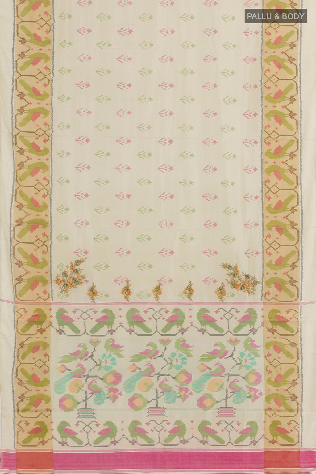 Flat view of Cream Rajkot Patola Silk Saree with Pure Ikat on the body and Ikat Border. 