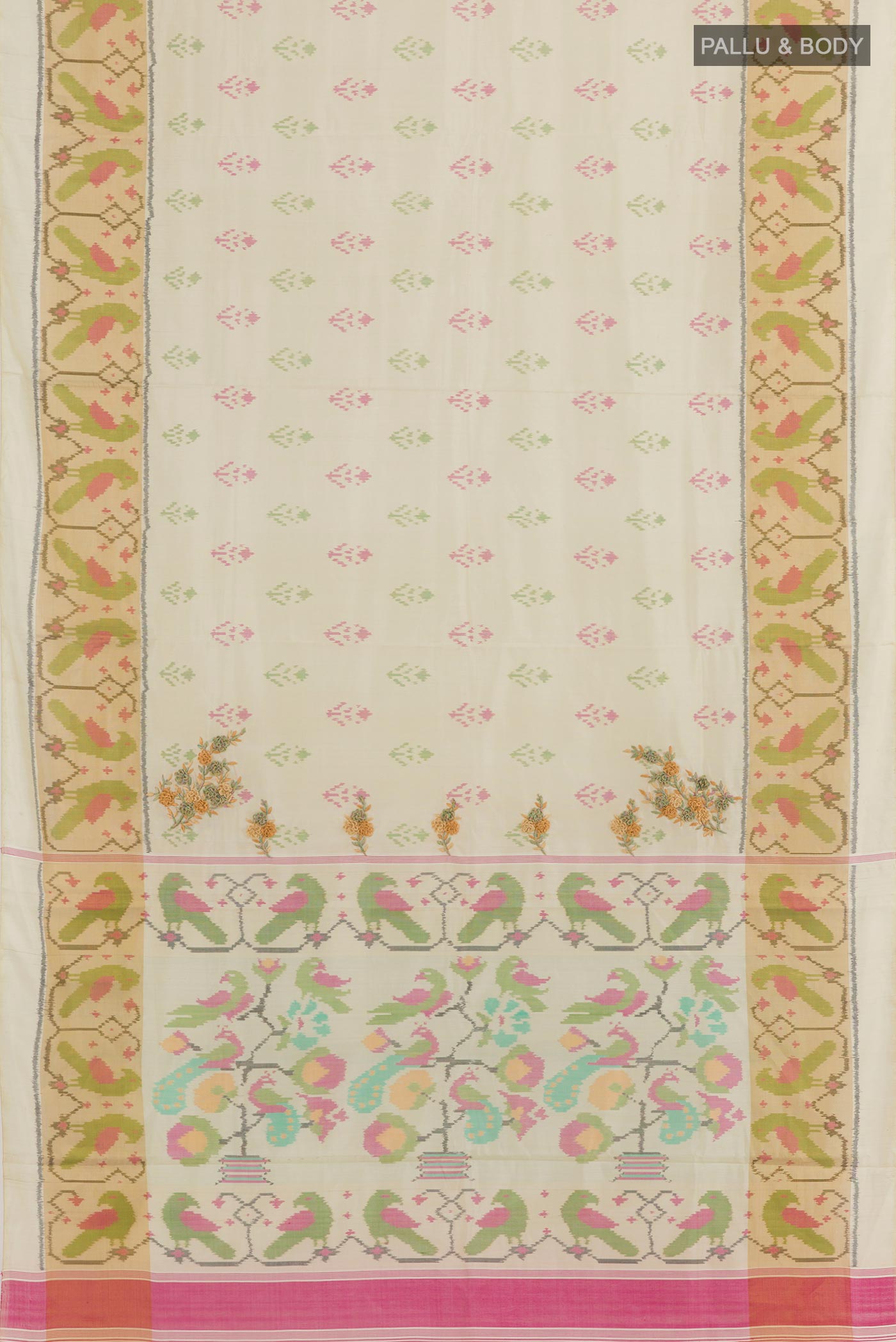 Flat view of Cream Rajkot Patola Silk Saree with Pure Ikat on the body and Ikat Border. 