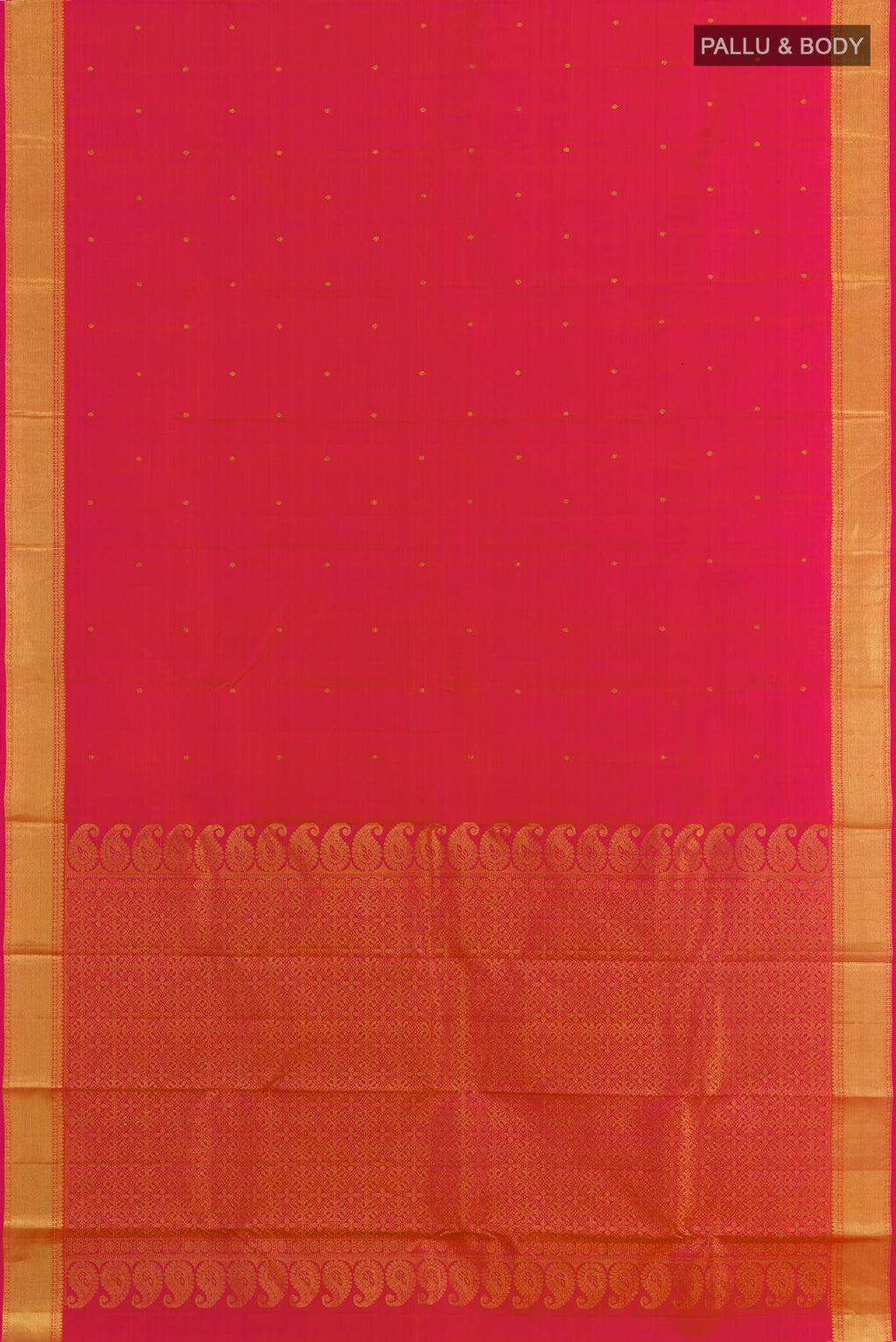 Flat view of Pink Kanjivaram Silk Saree with Zari Butta on the body and Zari Border. 