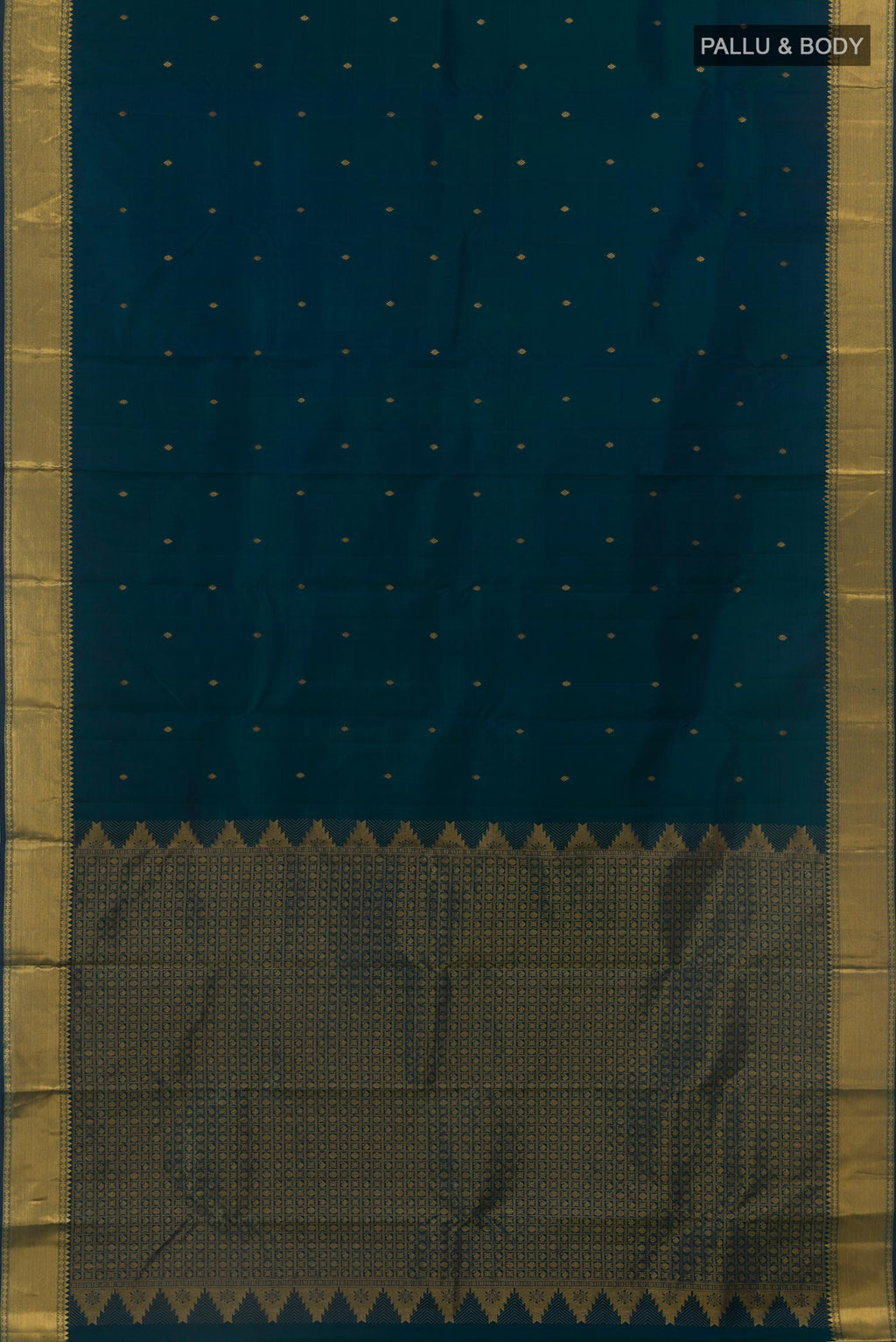 Flat view of Peacock Blue Kanjivaram Silk Saree with Zari Butta on the body and Zari Border. 