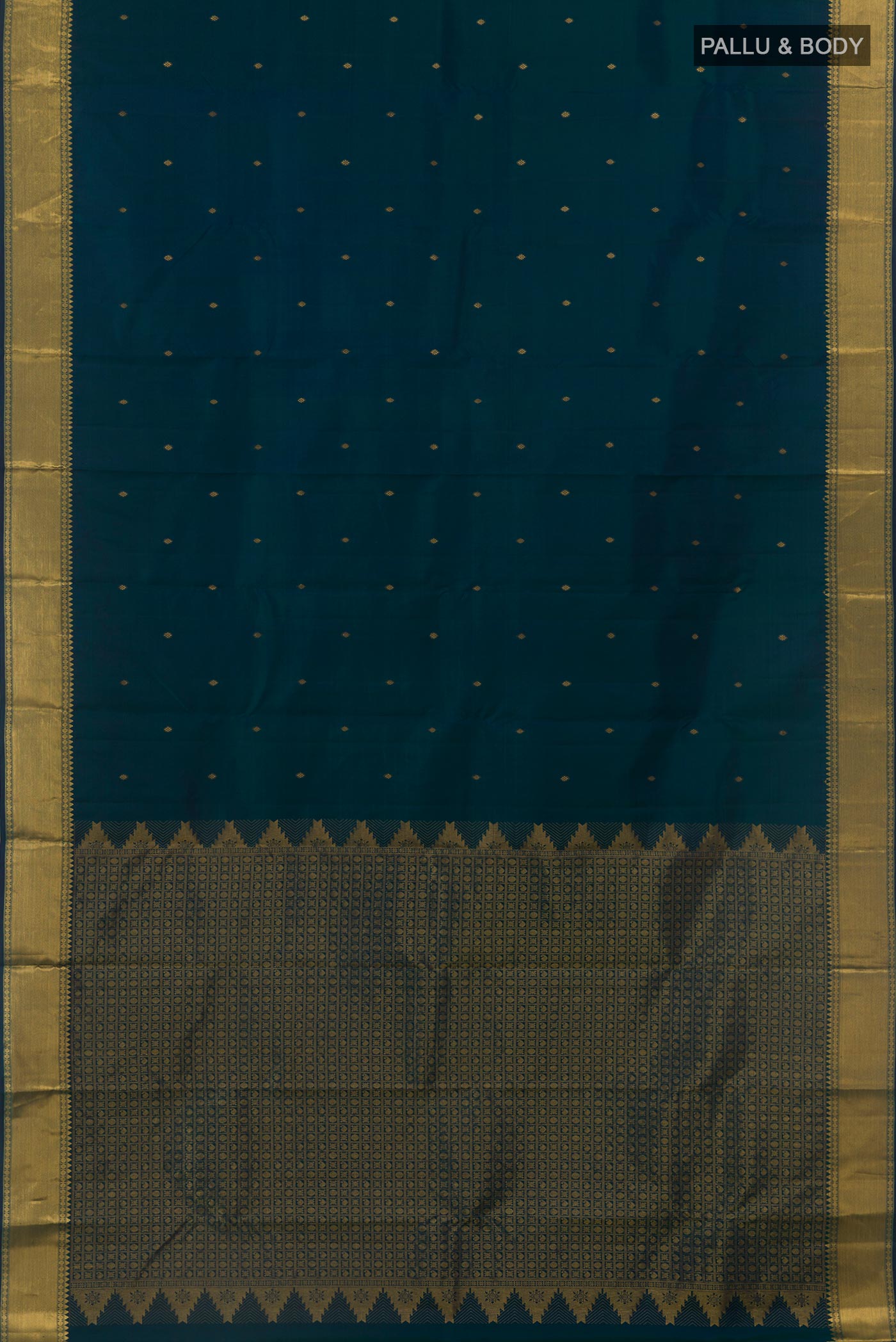 Flat view of Peacock Blue Kanjivaram Silk Saree with Zari Butta on the body and Zari Border. 