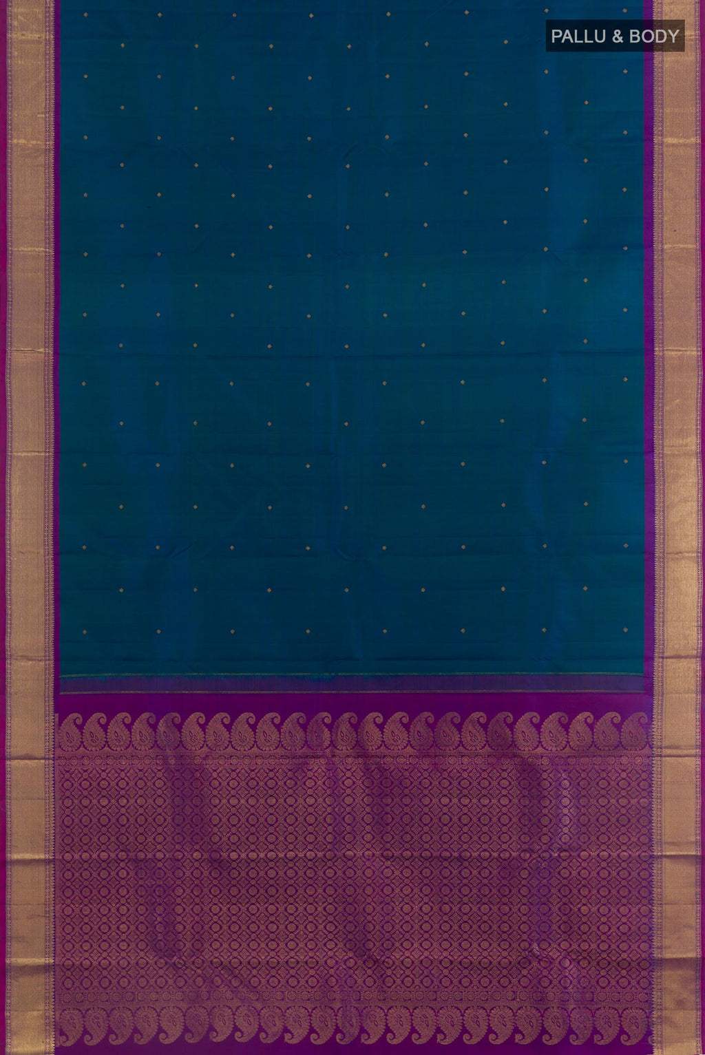Flat view of Peacock Blue Kanchipuram Silk Saree with Zari Butta on the body and Zari Border. 