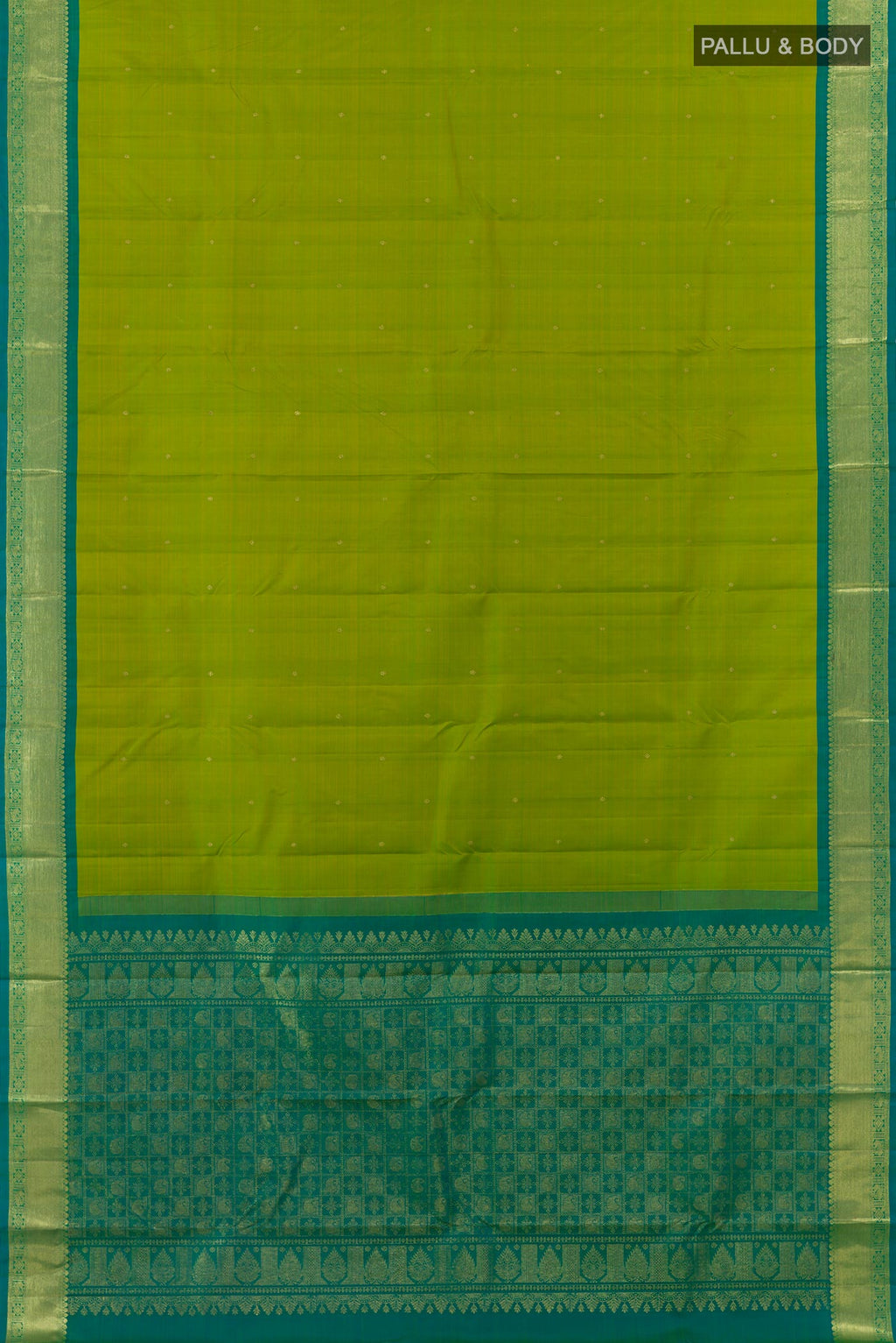 Flat view of Green Kanchipuram Silk Saree with Zari Butta on the body and Zari Border. 
