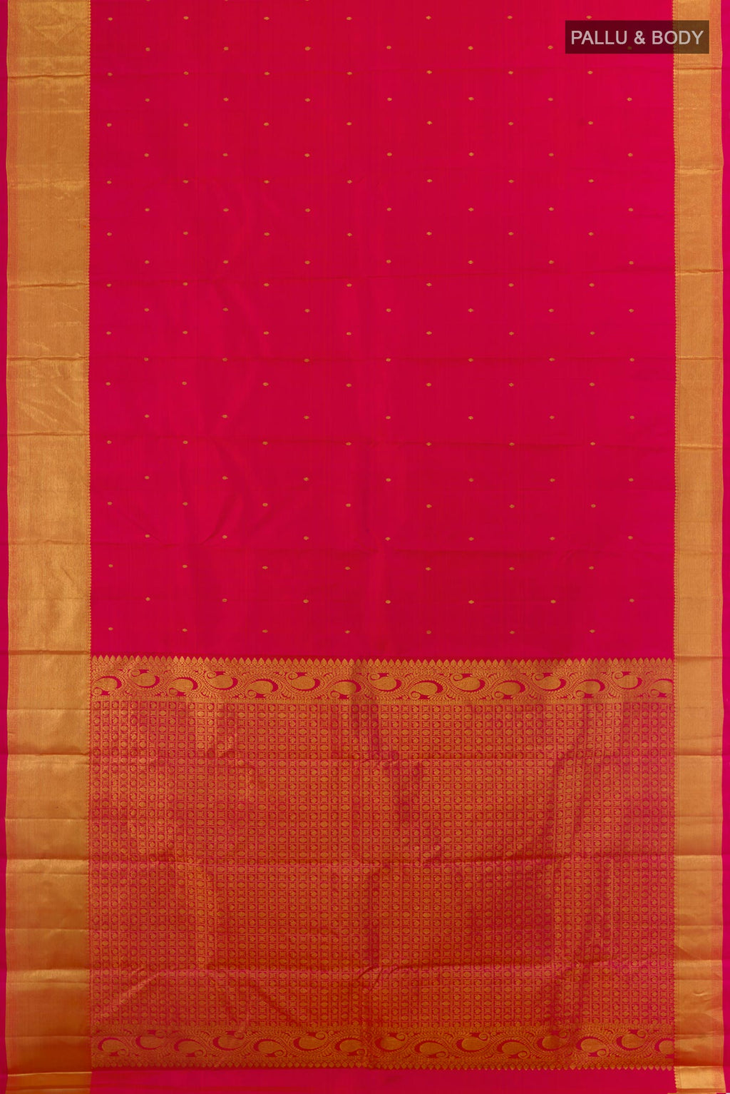 Flat view of Pink Kanchipuram Silk Saree with Zari Butta on the body and Zari Border. 