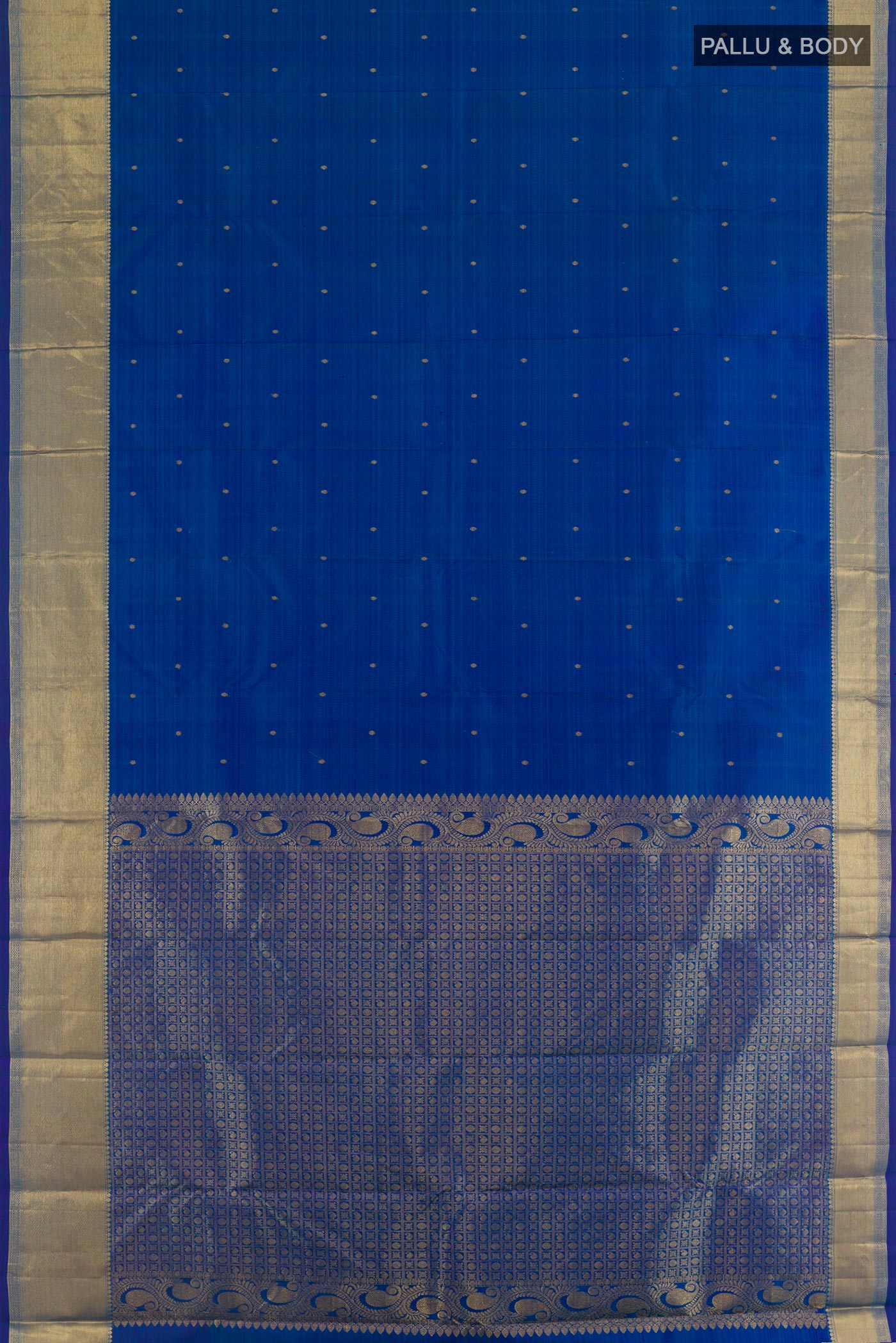 Flat view of Blue Kanchipuram Silk Saree with Zari Butta on the body and Zari Border. 