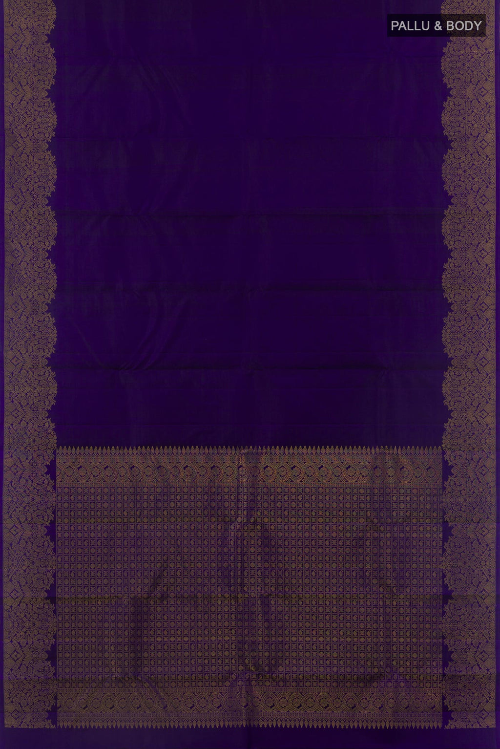Flat view of Blue Kanchipuram Silk Saree with Plain Body and Fancy Border. 