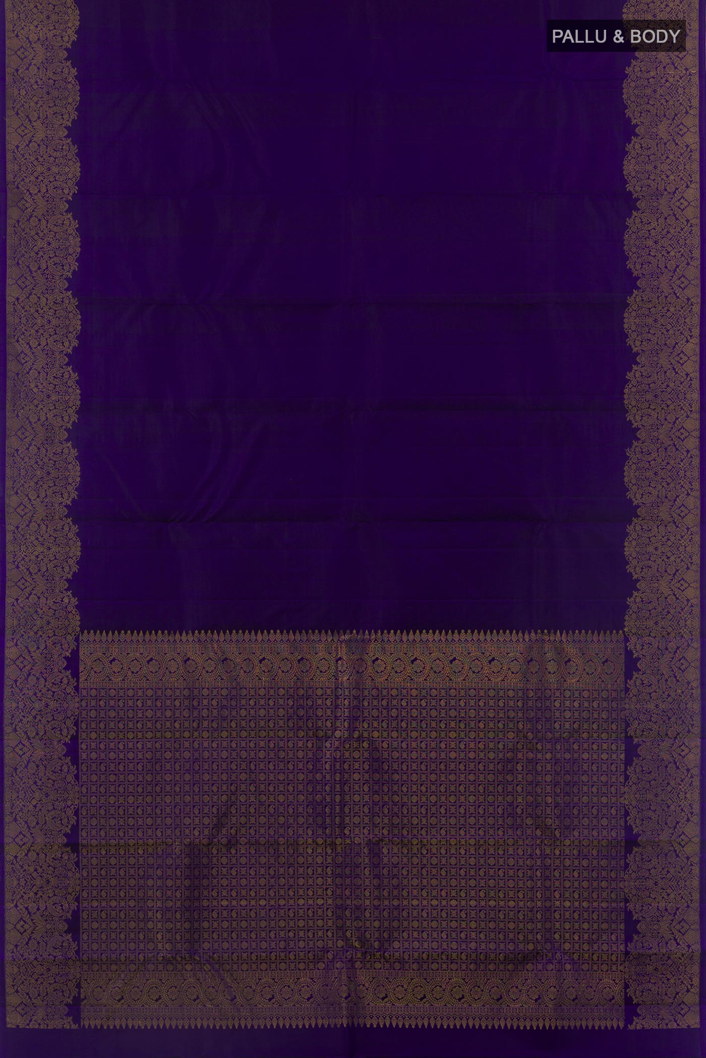 Flat view of Blue Kanchipuram Silk Saree with Plain Body and Fancy Border. 
