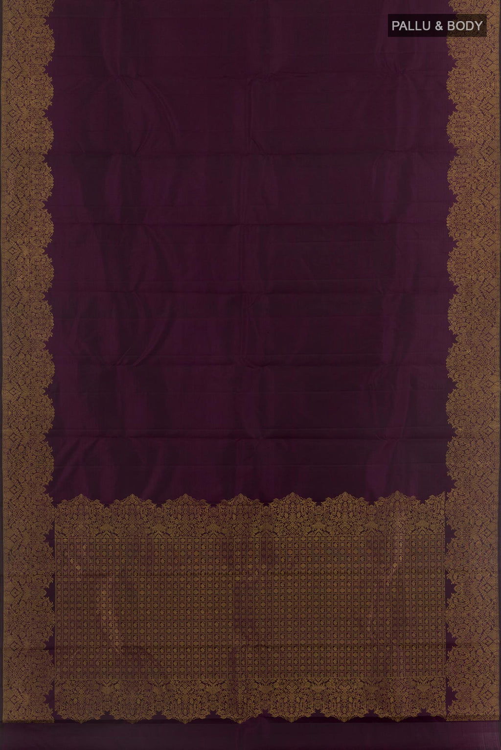 Flat view of Purple Kanchipuram Silk Saree with Plain Body and Zari Border. 