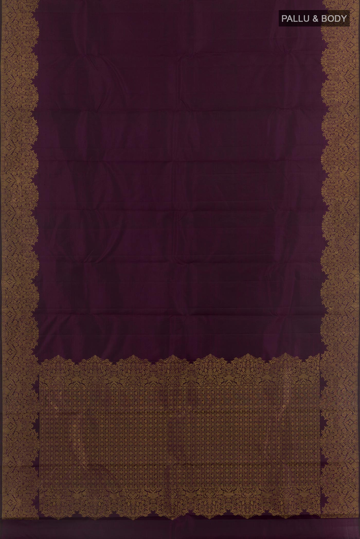 Flat view of Purple Kanchipuram Silk Saree with Plain Body and Zari Border. 
