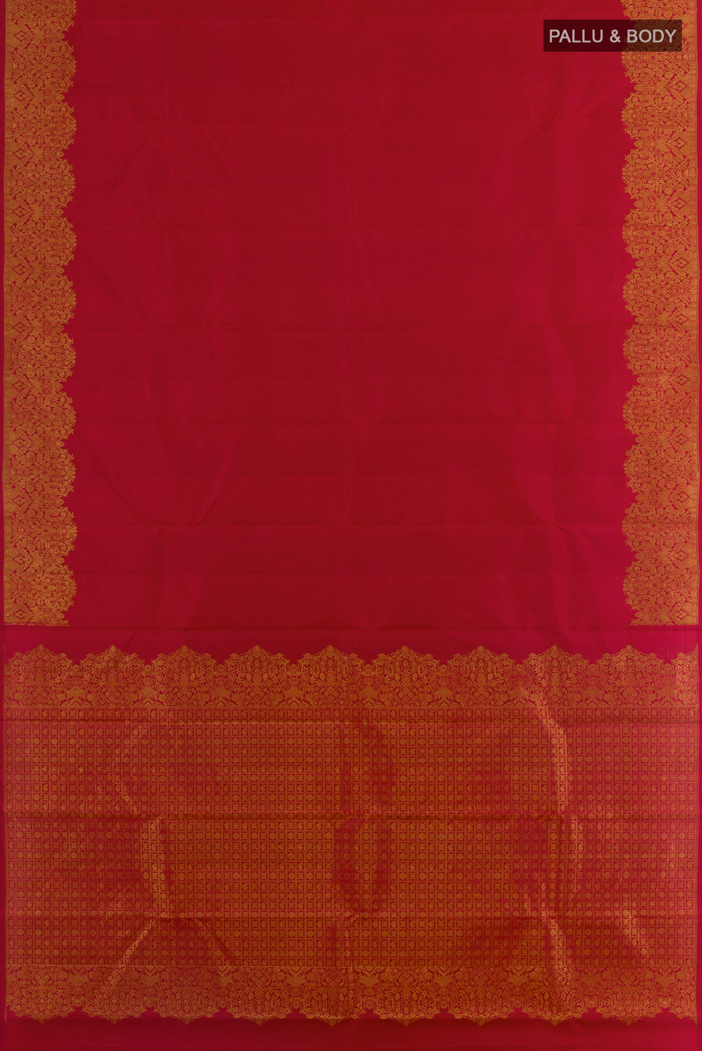 Flat view of Red Kanchipuram Silk Saree with Plain Body and Zari Border. 