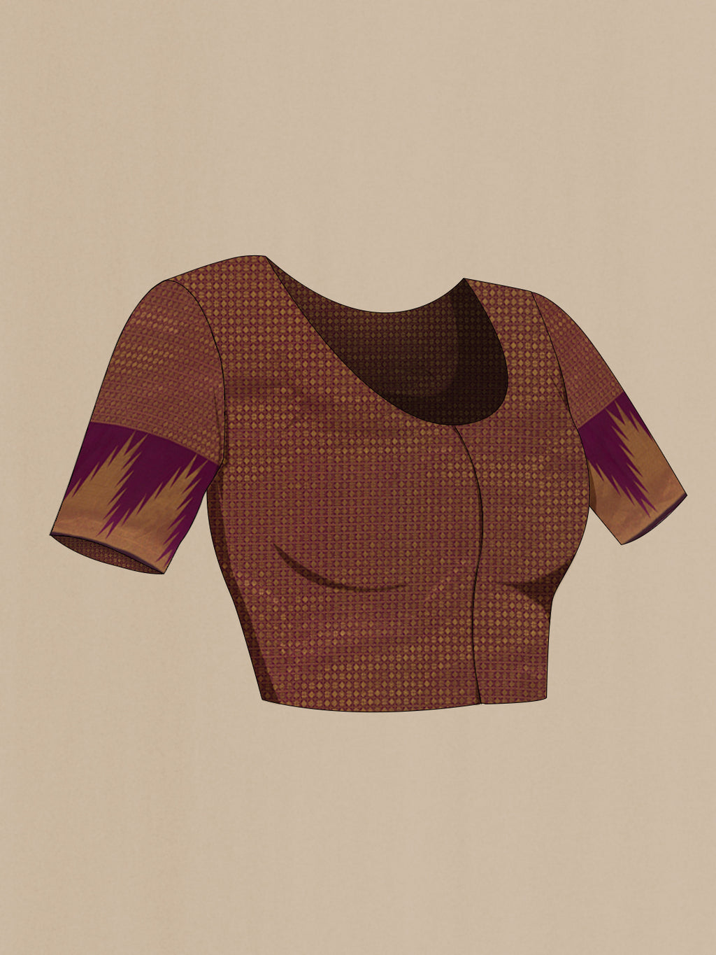 Close up image of the blouse of Purple Kanchipuram Silk Saree with Plain Body and Temple Border. 