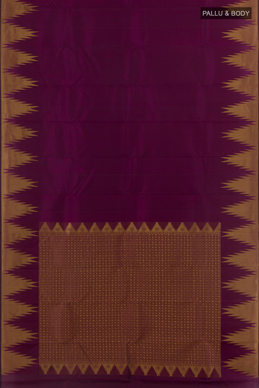 Flat view of Purple Kanchipuram Silk Saree with Plain Body and Temple Border. 
