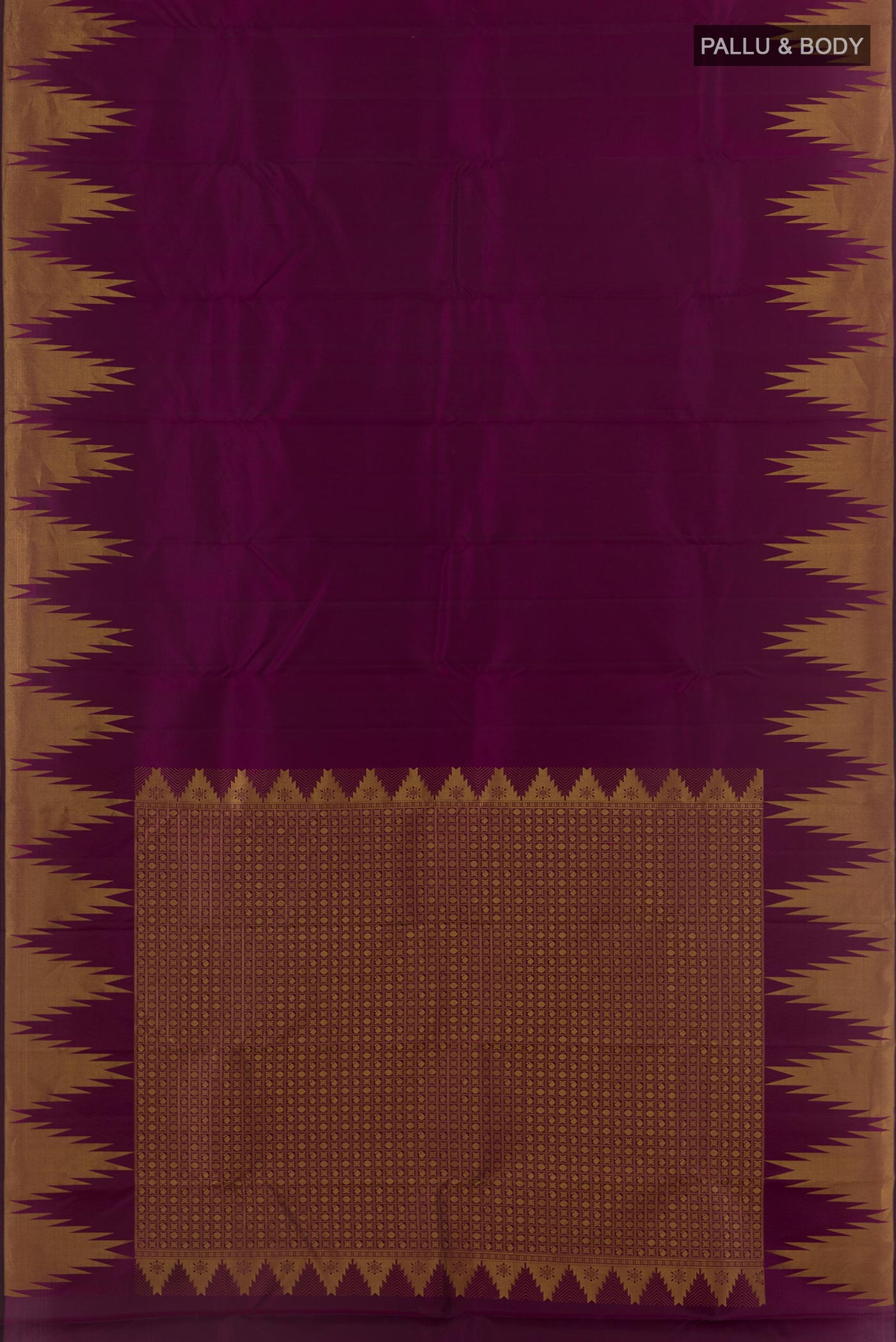 Flat view of Purple Kanchipuram Silk Saree with Plain Body and Temple Border. 