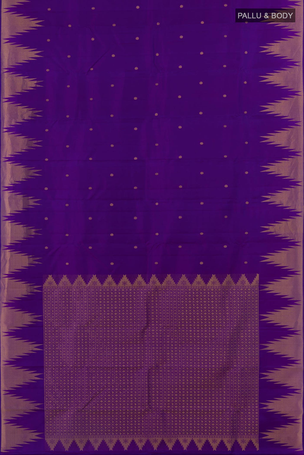 Flat view of Violet Kanchipuram Silk Saree with Zari Butta on the body and Temple Border. 