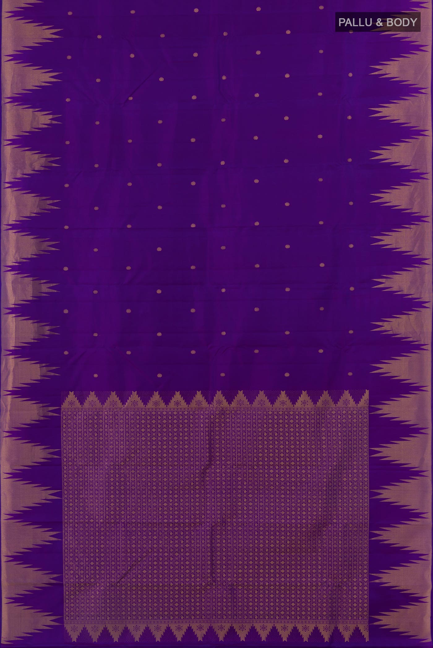 Flat view of Violet Kanchipuram Silk Saree with Zari Butta on the body and Temple Border. 