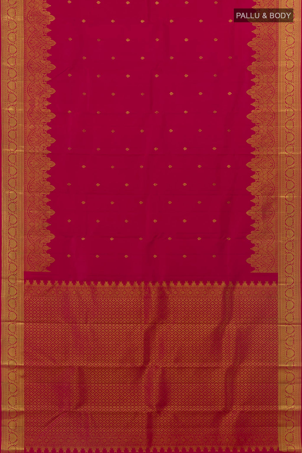 Flat view of Pink Kanchipuram Silk Saree with Zari Butta on the body and Zari Border. 