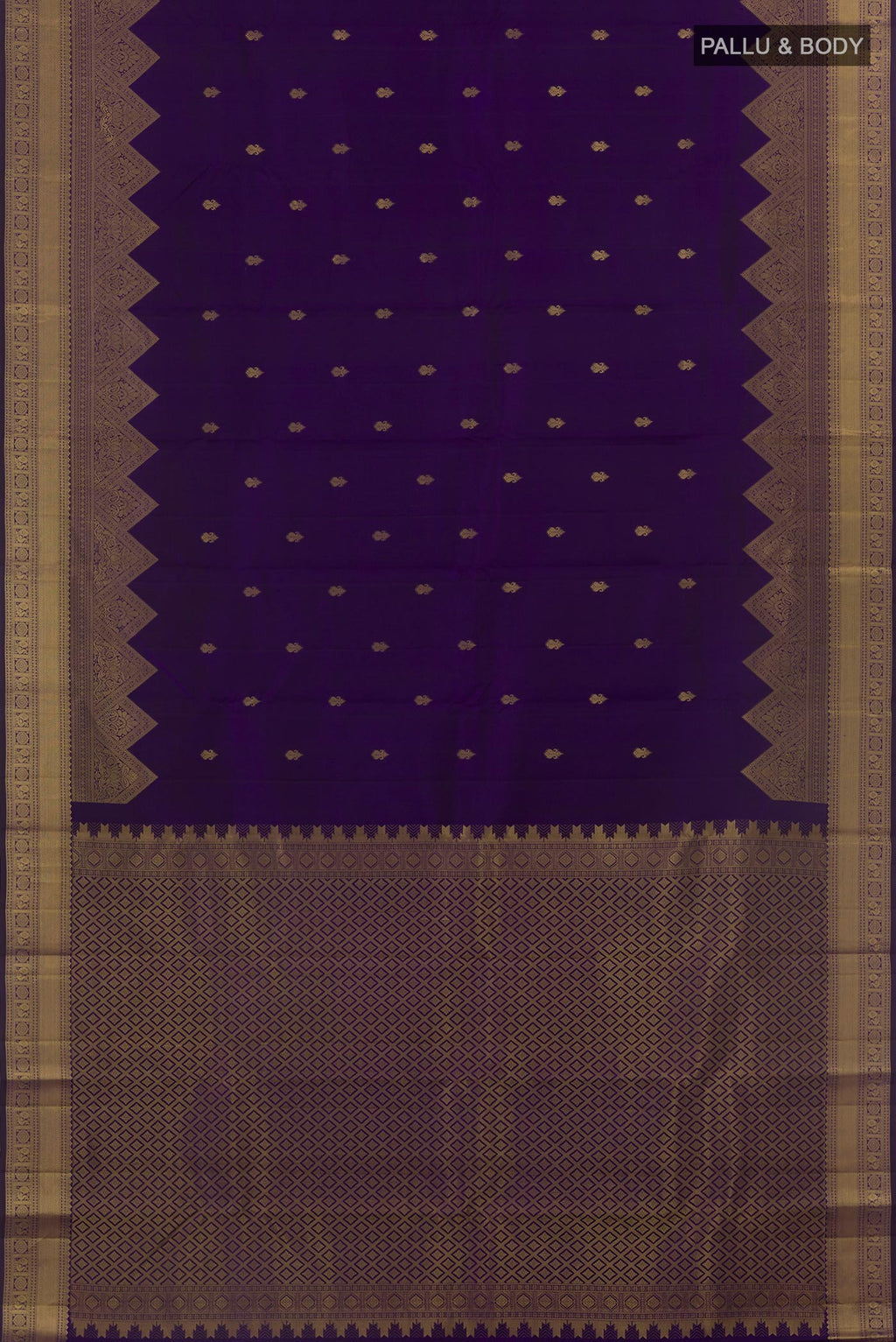 Flat view of Dark Blue Kanchipuram Silk Saree with Zari Butta on the body and Zari Border. 