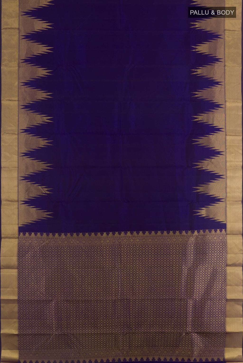 Flat view of Navy Blue Kanchipuram Silk Saree with Plain Body and Temple Border. 