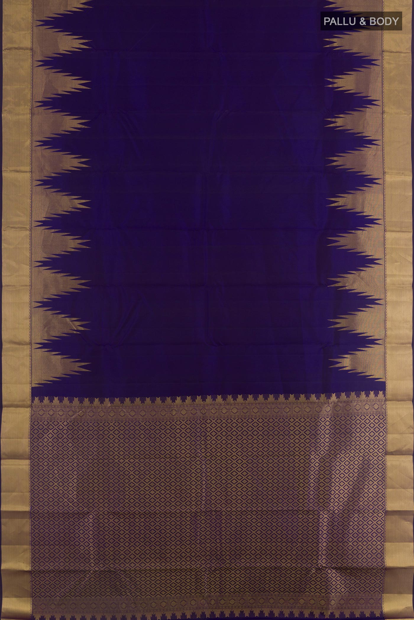 Flat view of Navy Blue Kanchipuram Silk Saree with Plain Body and Temple Border. 
