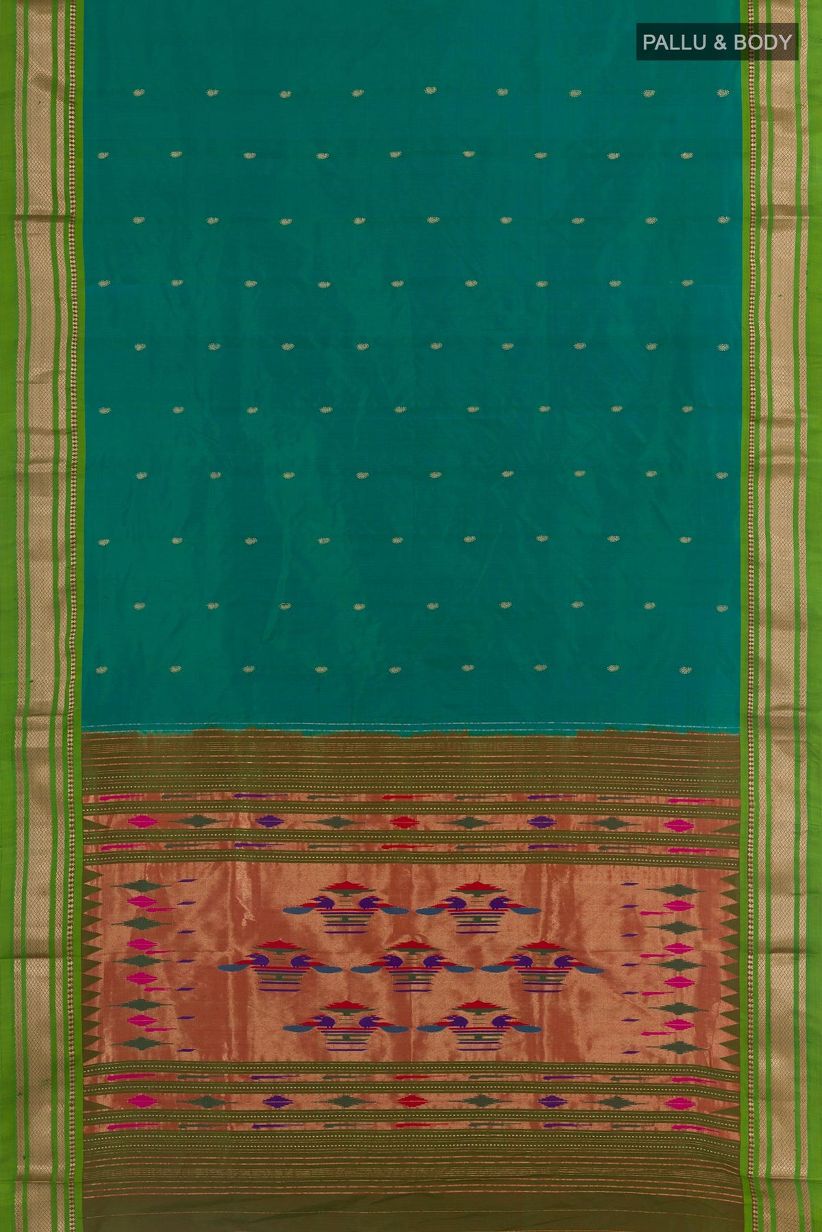 Flat view of Peacock Blue Paithani Silk Saree with Zari Butta on the body and Zari Border. 