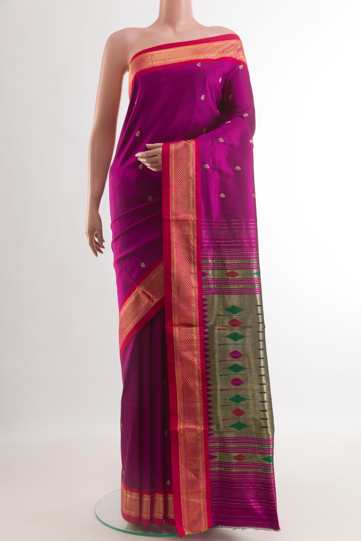 Purple Paithani Silk Saree with Zari Butta on the body and Zari Border.  displayed on a mannequin