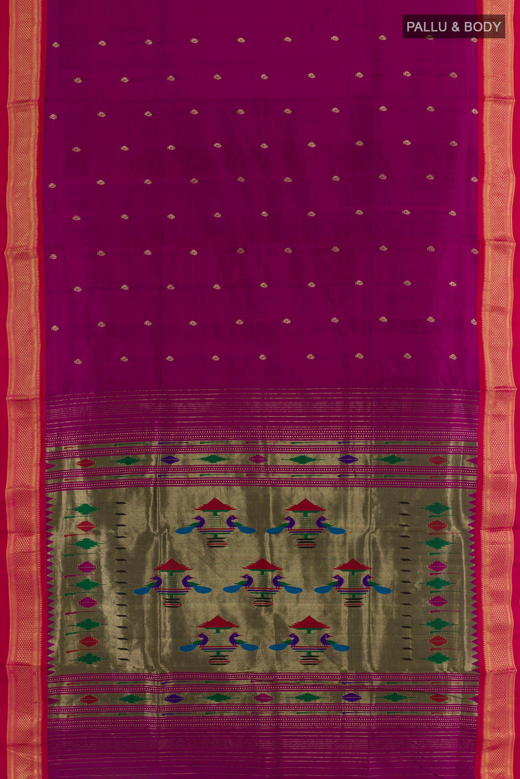 Flat view of Purple Paithani Silk Saree with Zari Butta on the body and Zari Border. 