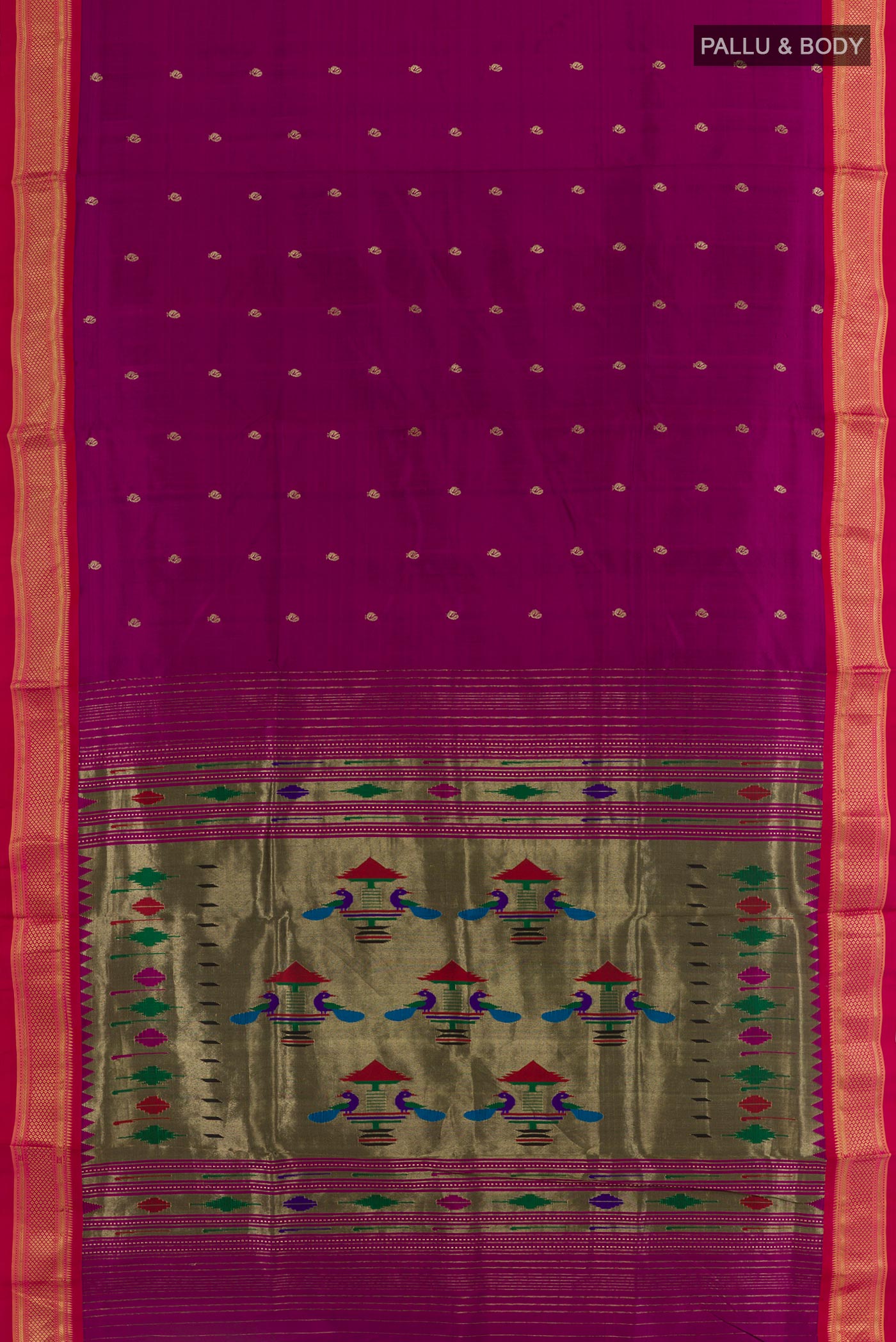 Flat view of Purple Paithani Silk Saree with Zari Butta on the body and Zari Border. 