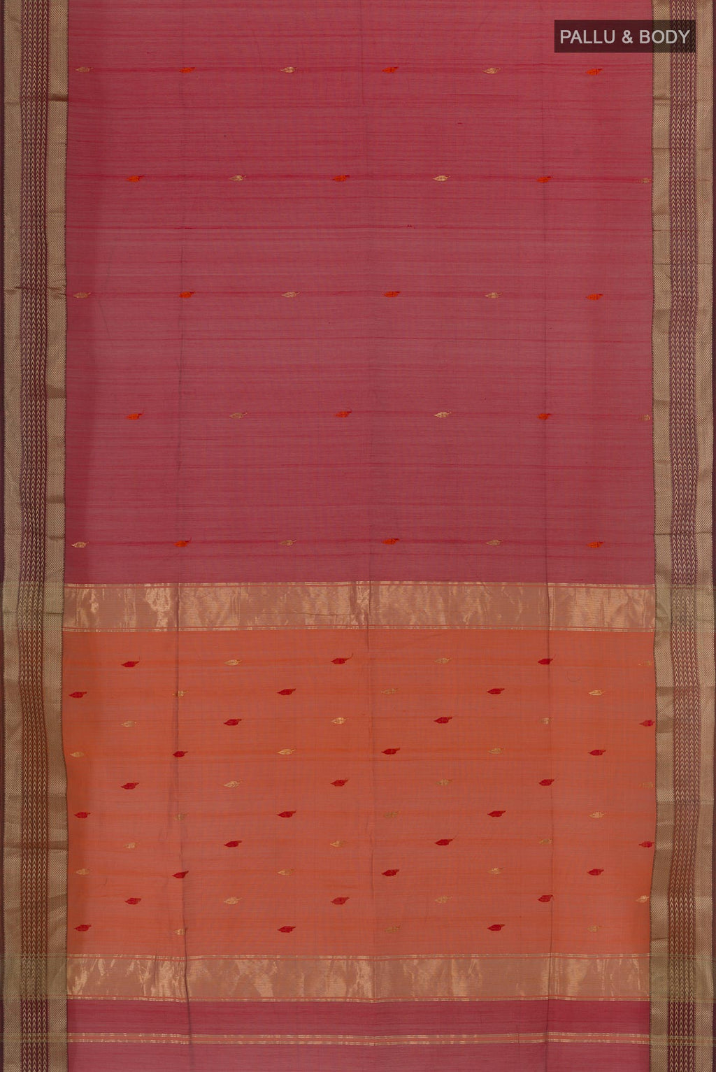Flat view of Red Blended Maheshwari Silk Cotton Saree with Thread Butta on the body and Zari Border. 