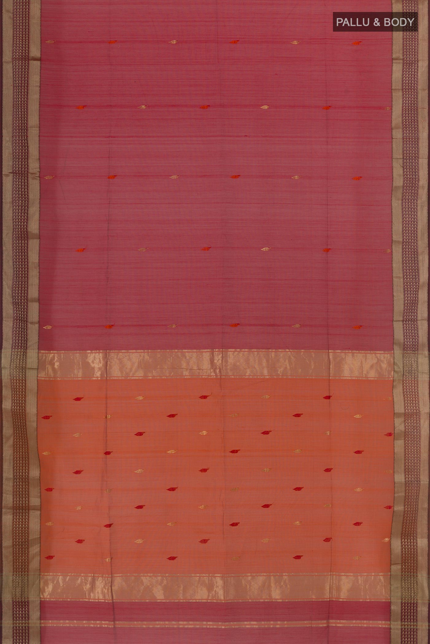 Flat view of Red Blended Maheshwari Silk Cotton Saree with Thread Butta on the body and Zari Border. 