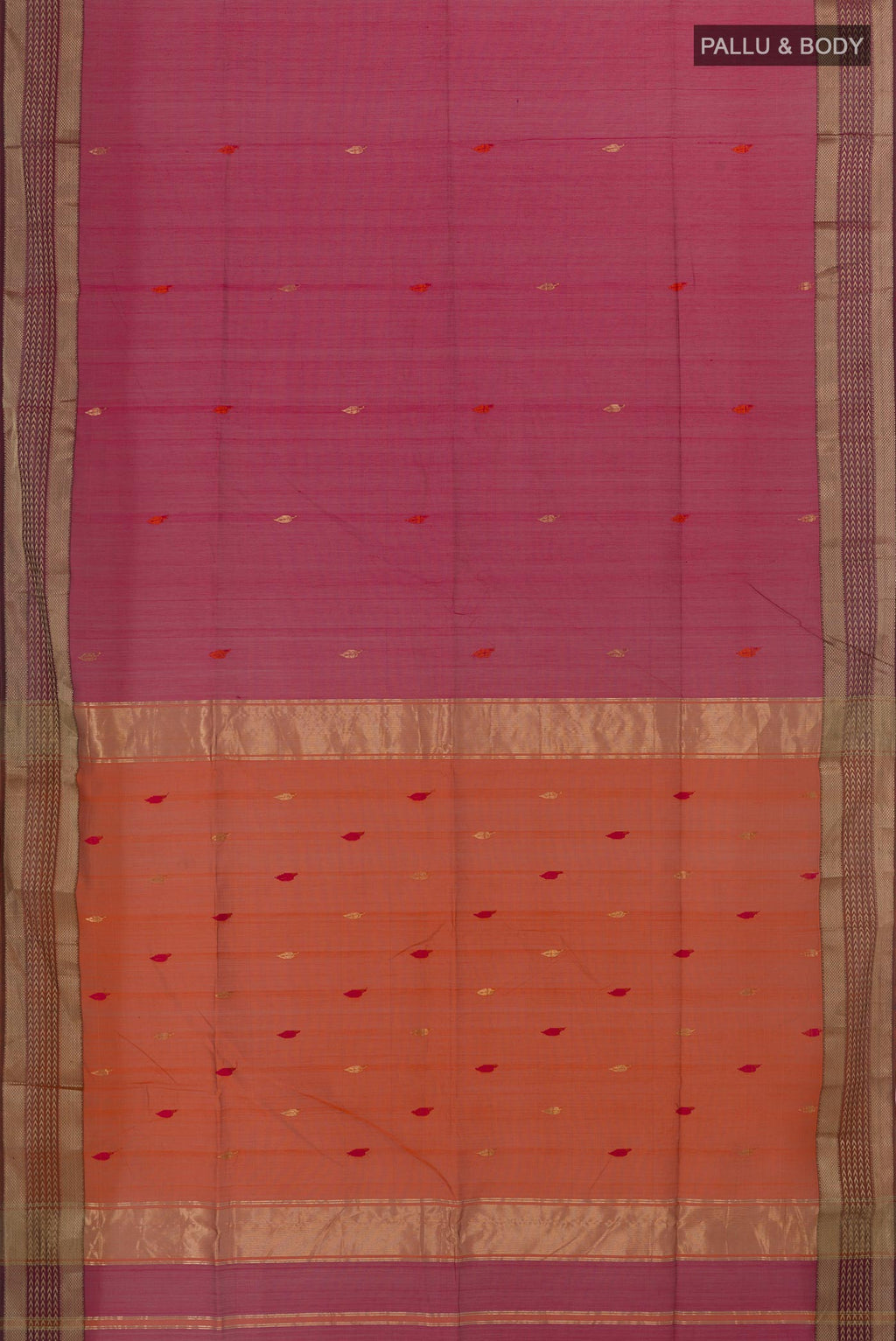 Flat view of Pink Maheshwari Silk Cotton Saree with Thread Butta on the body and Zari Border. 