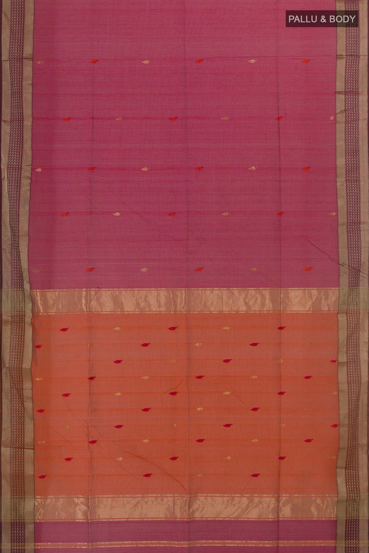 Flat view of Pink Maheshwari Silk Cotton Saree with Thread Butta on the body and Zari Border. 