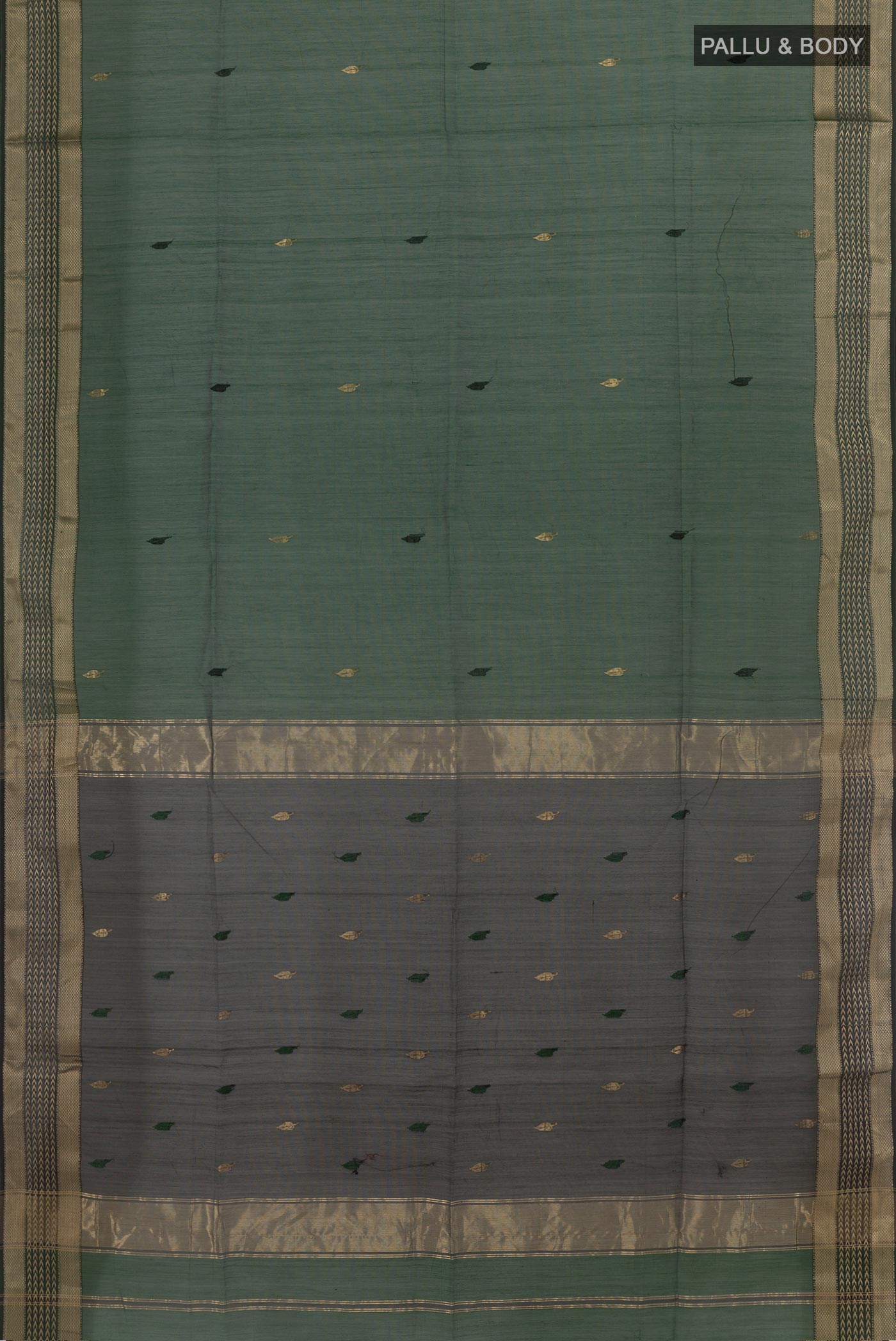 Flat view of Bottle Green Maheshwari Silk Cotton Saree with Zari And Thread Butta on the body and Zari Border. 