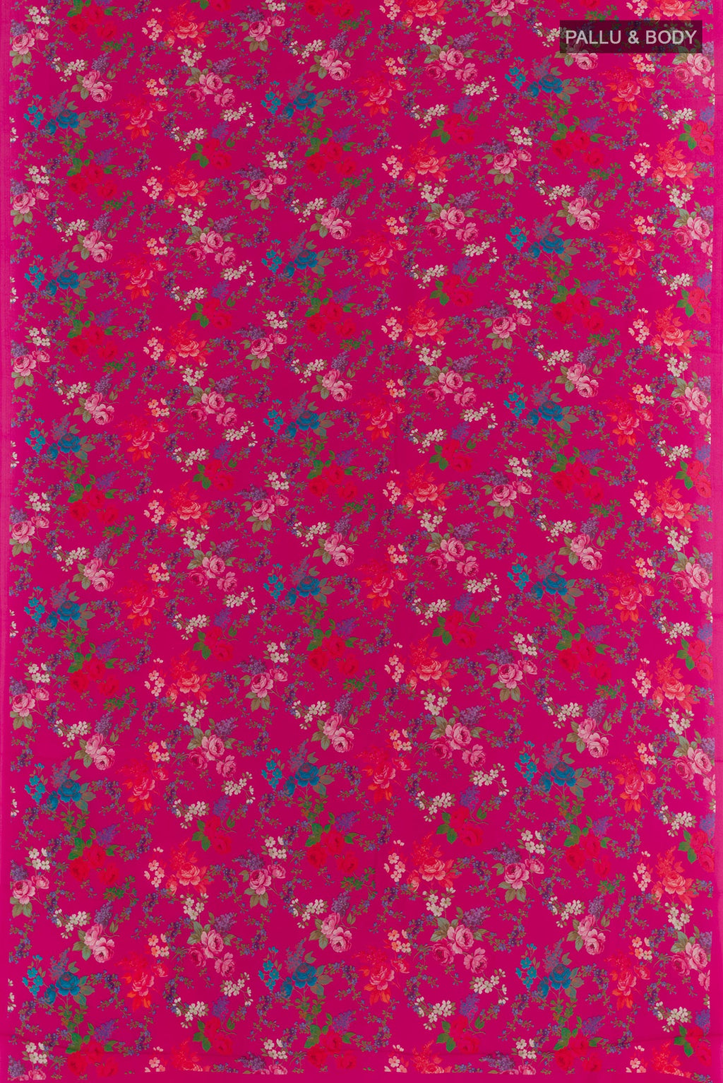 Flat view of Pink Crepe Saree with Printed design on the body and Plain Border. 