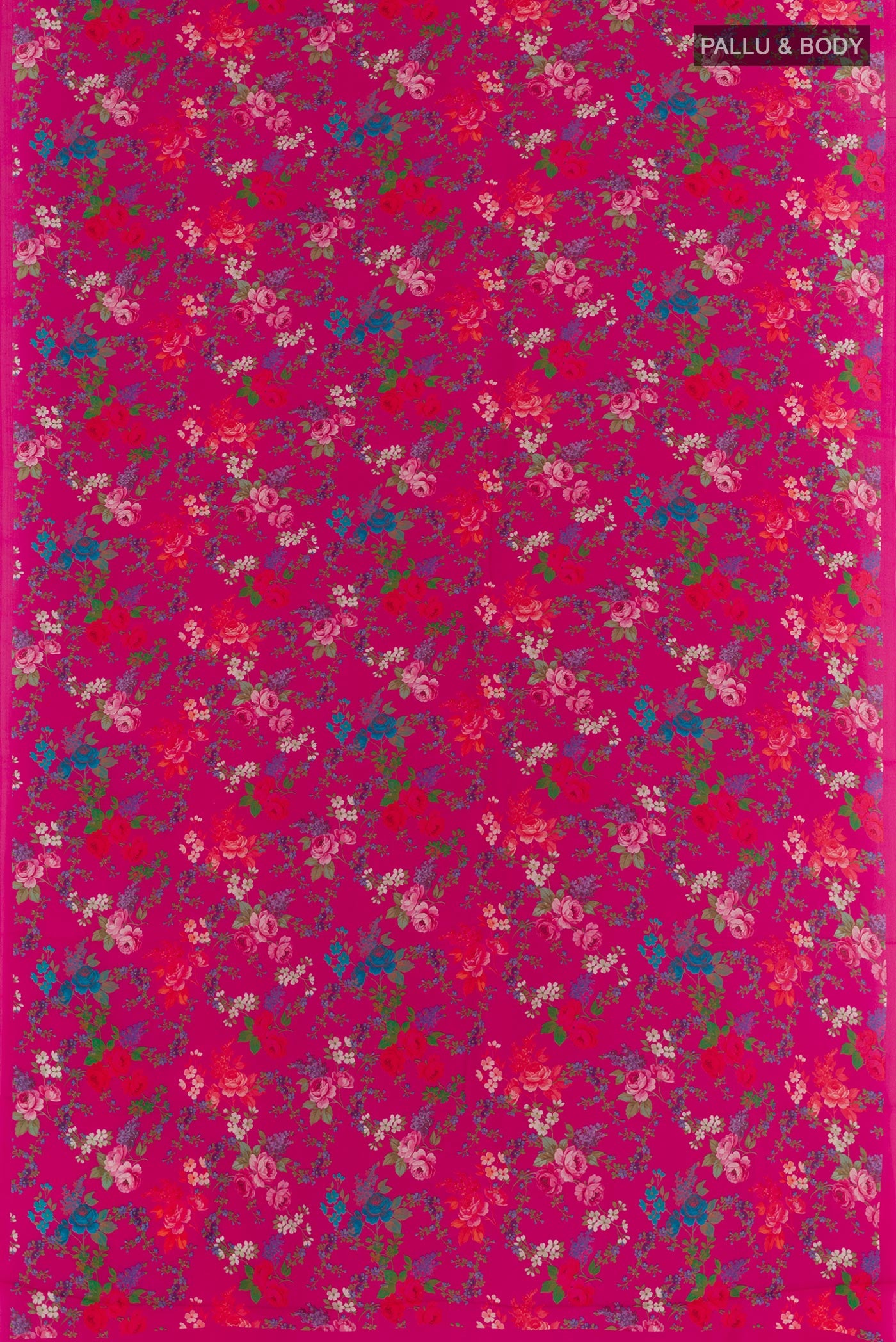 Flat view of Pink Crepe Saree with Printed design on the body and Plain Border. 