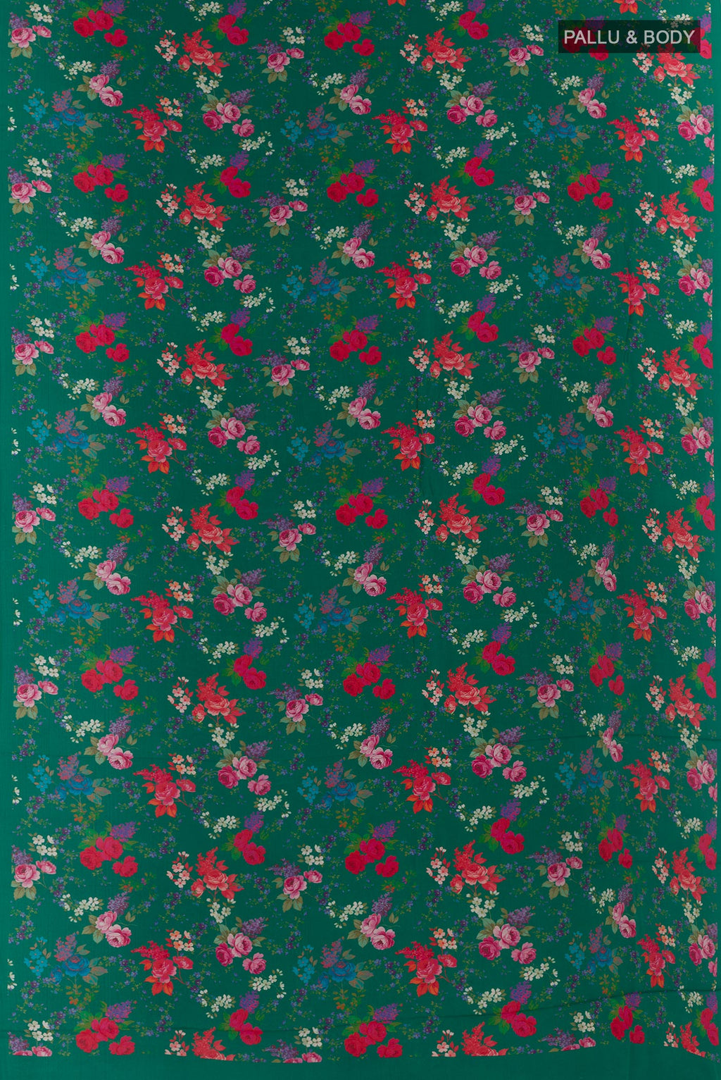 Flat view of Green Crepe Saree with Printed design on the body and Plain Border. 