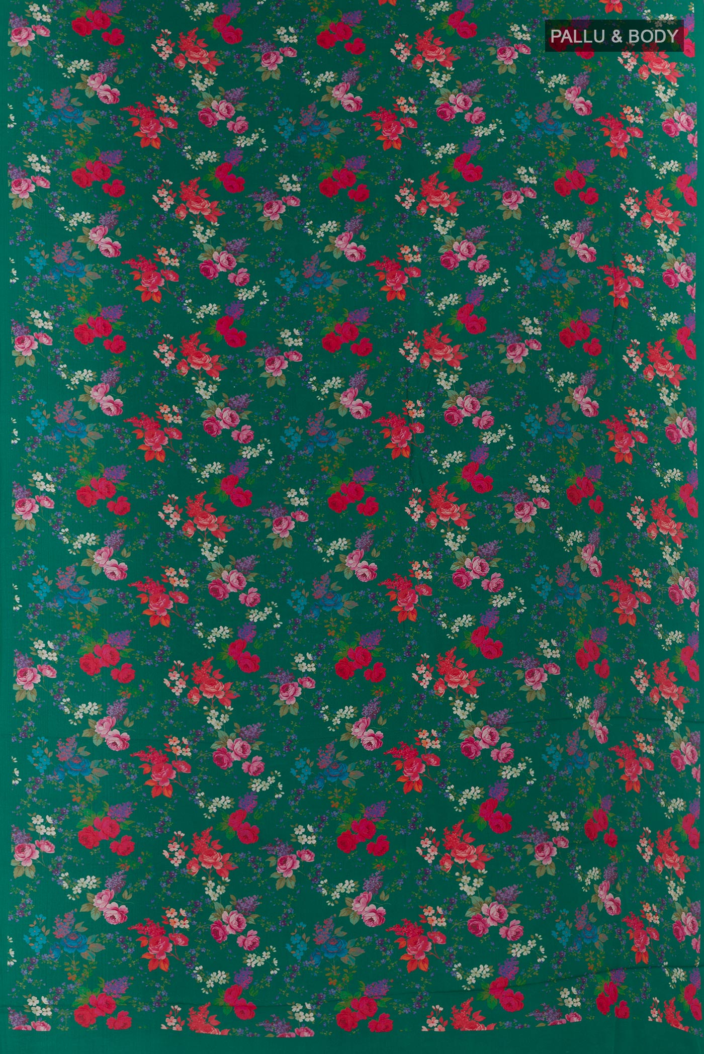 Flat view of Green Crepe Saree with Printed design on the body and Plain Border. 