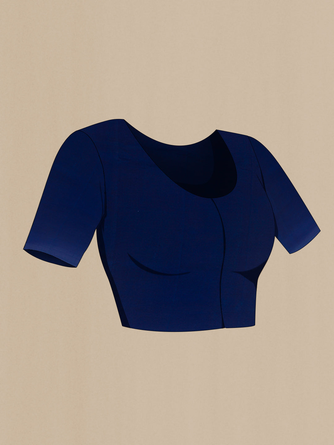 Close up image of the blouse of Blue Crepe Saree with Printed design on the body and Plain Border. 