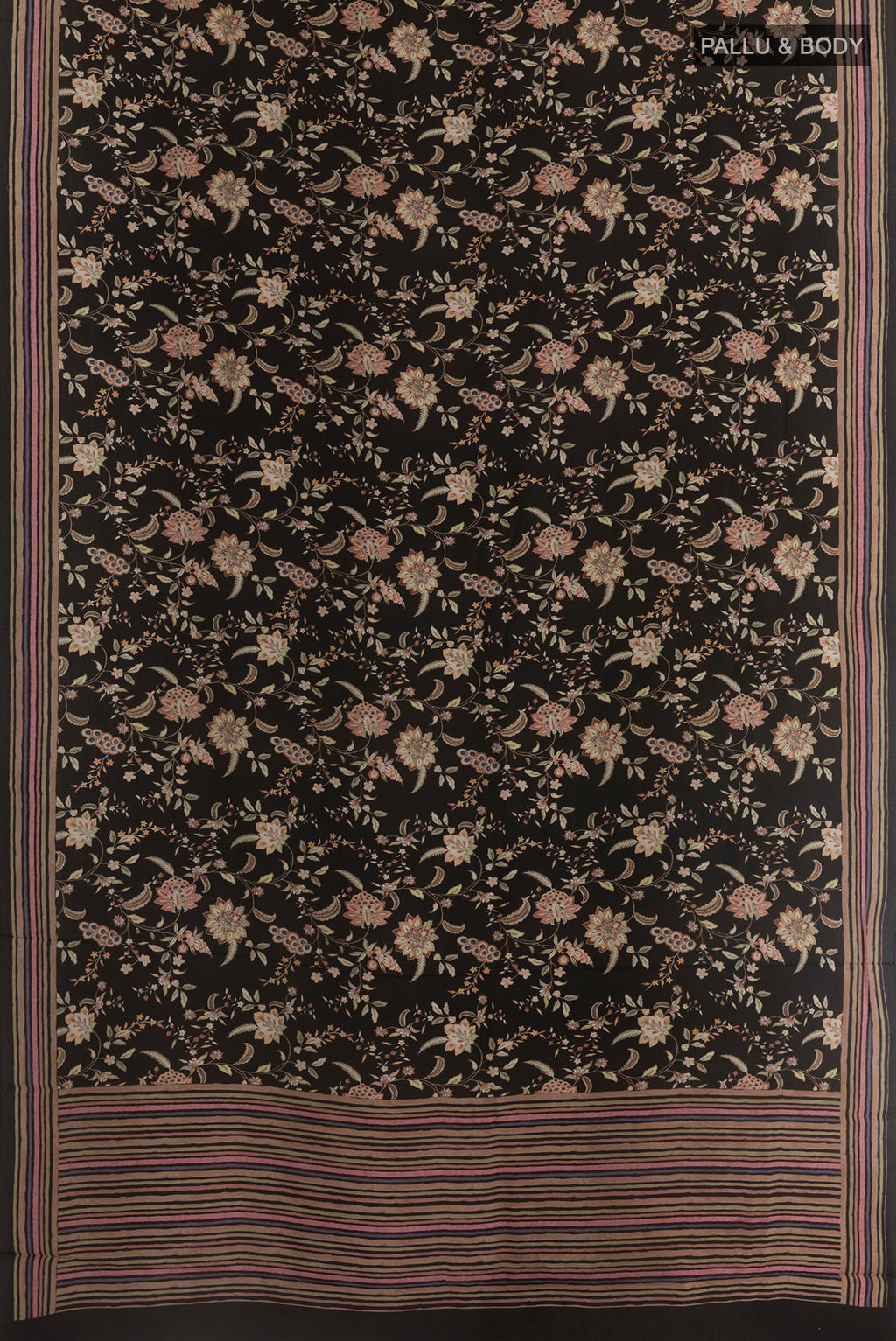 Flat view of Black Crepe Saree with Printed design on the body and Plain Border. 