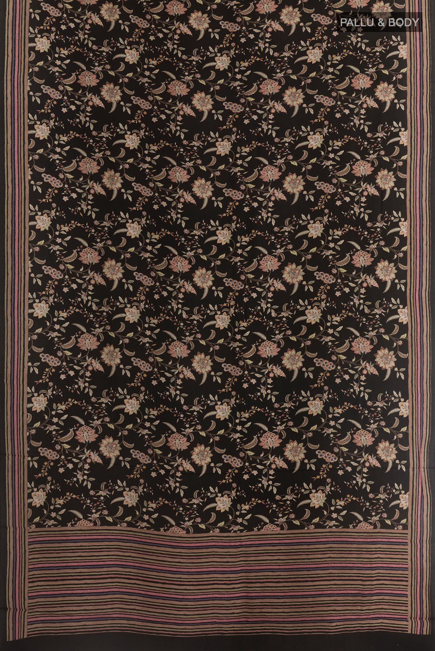 Flat view of Black Crepe Saree with Printed design on the body and Plain Border. 