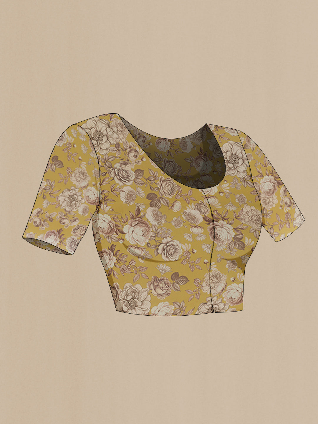 Close up image of the blouse of Yellow Crepe Saree with Printed design on the body and Plain Border. 