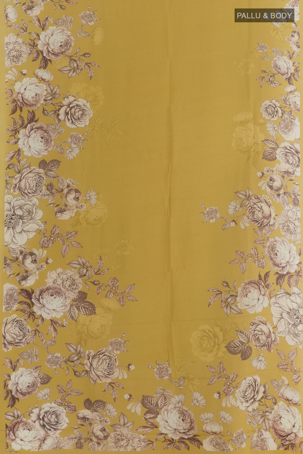 Flat view of Yellow Crepe Saree with Printed design on the body and Plain Border. 