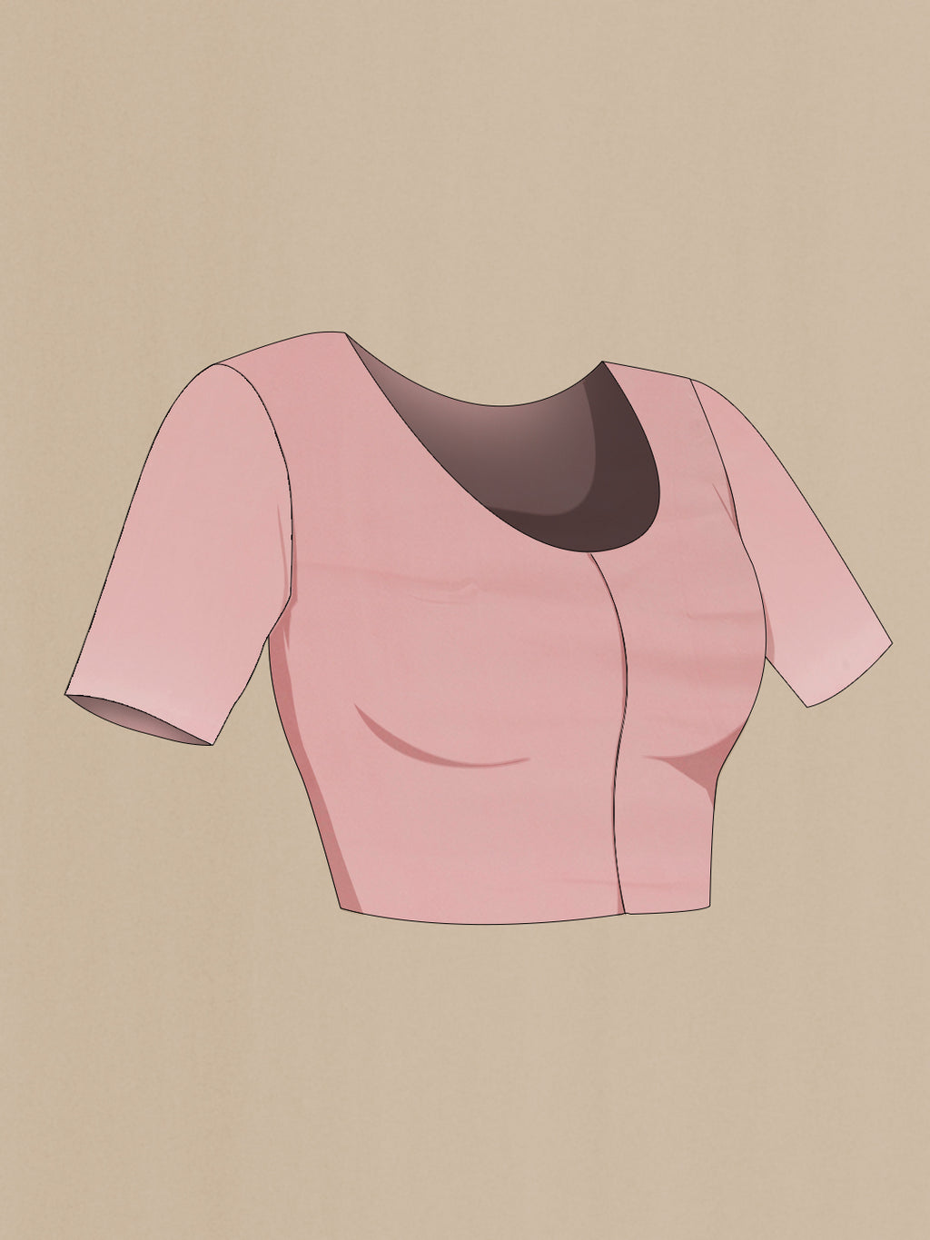 Close up image of the blouse of Rose pink Crepe Saree with Printed design on the body and Plain Border. 