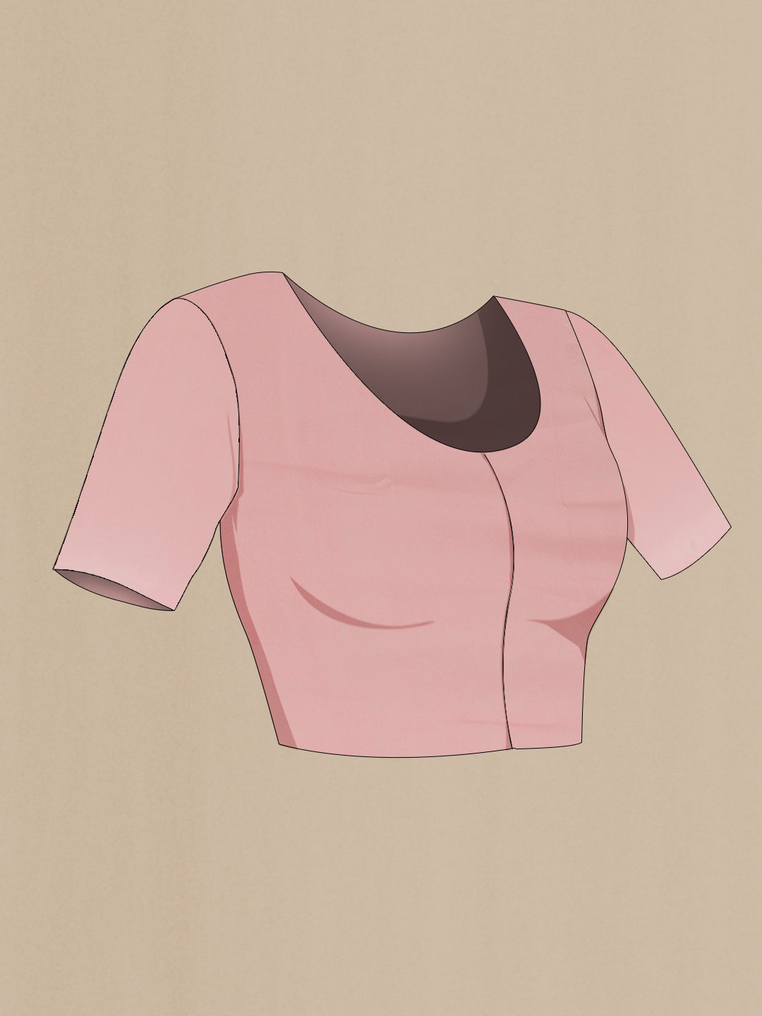 Close up image of the blouse of Rose pink Crepe Saree with Printed design on the body and Plain Border. 